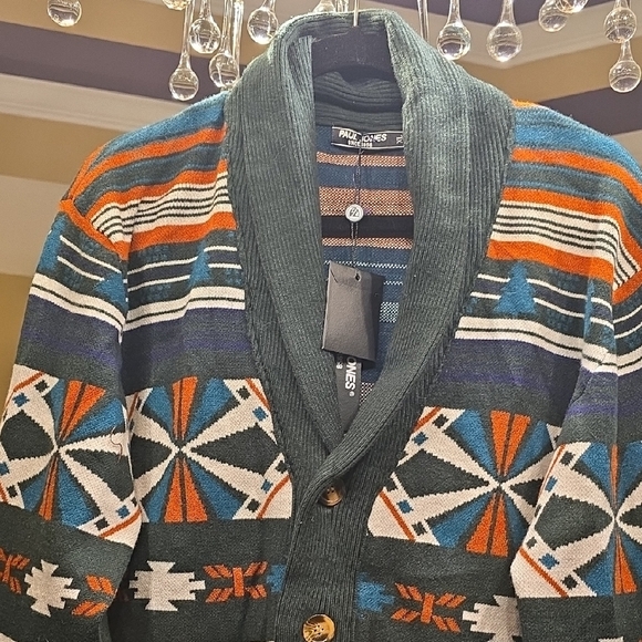 Paul Jones Men's Patterned Cardigan in Blue, Orange, and White - Picture 3 of 15